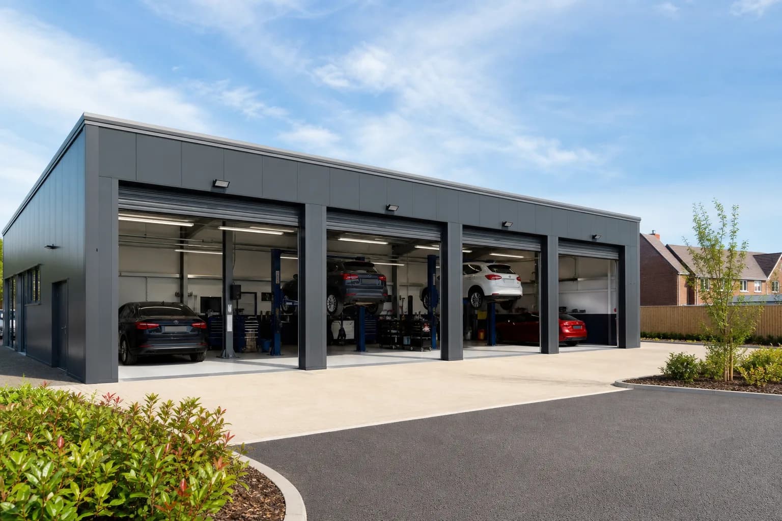 Exterior of the Binley Woods Service Centre garage in Coventry with open workshop bays